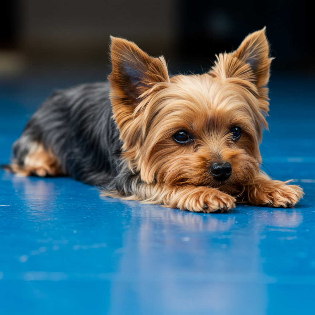Yorkshire Terrier laying on blue floor