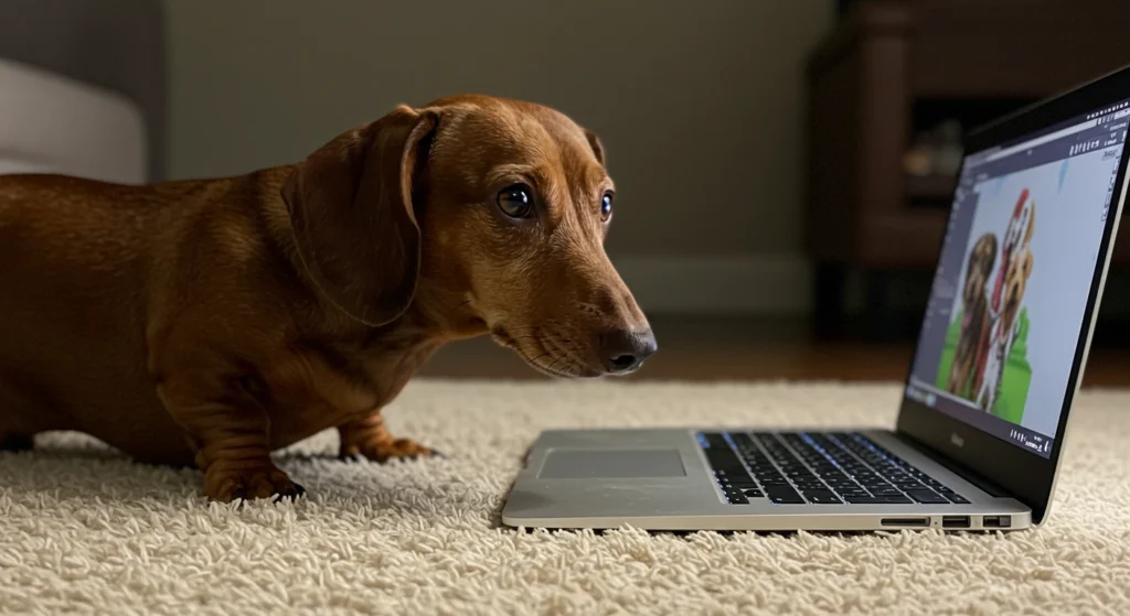 Brown dachshund looking at a laptop