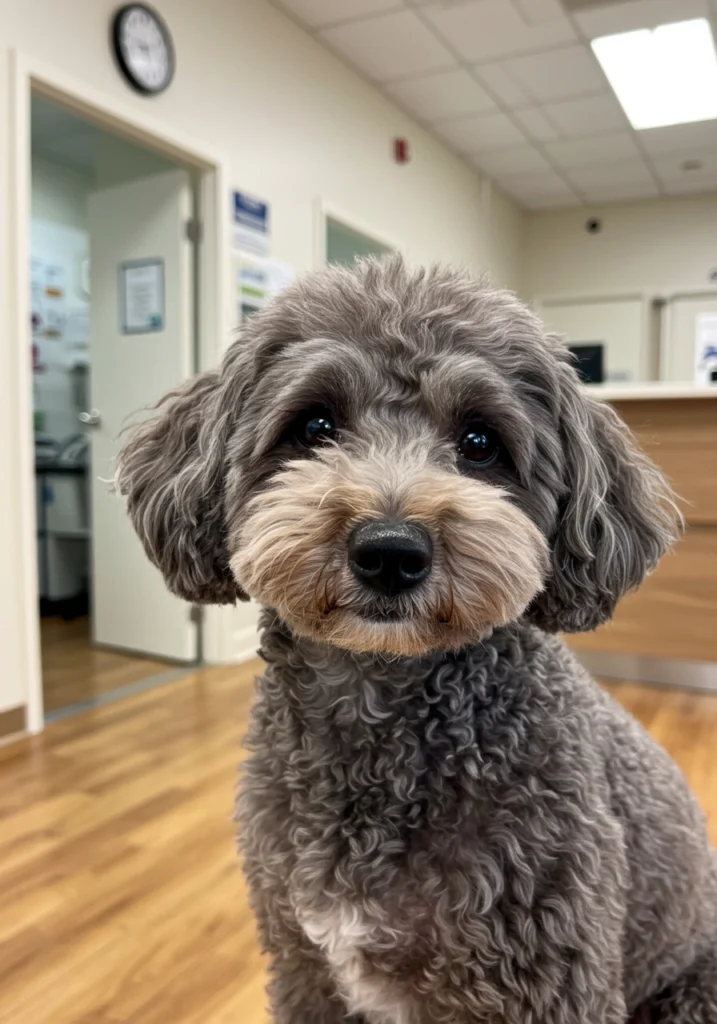 Close up to a Dog with short curly hair in a veterinary reception