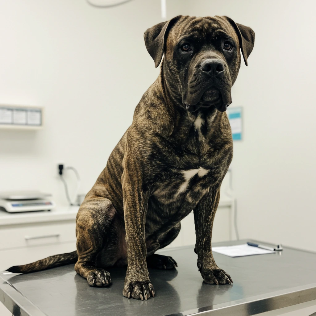 Brindle dog sitting on a vet exam table
