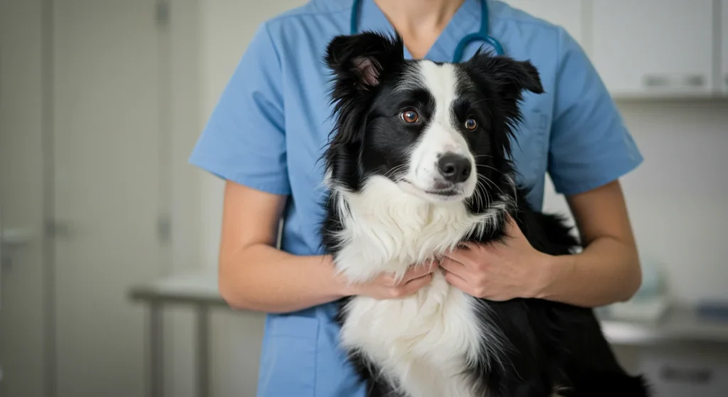 Black and white dog being held by vet in scrubs