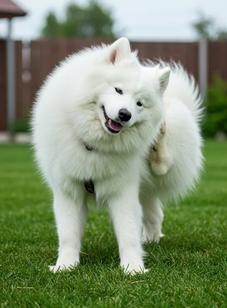 White fluffy dog standing in the grass
