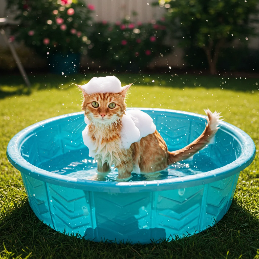 Orange kitten playing in a blue kiddie pool