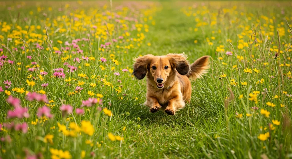 dog running through a field of wildflowers
