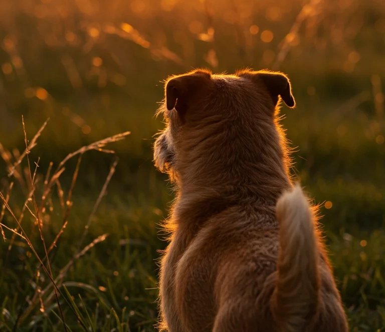 Orange brown dog watching sunset in a field