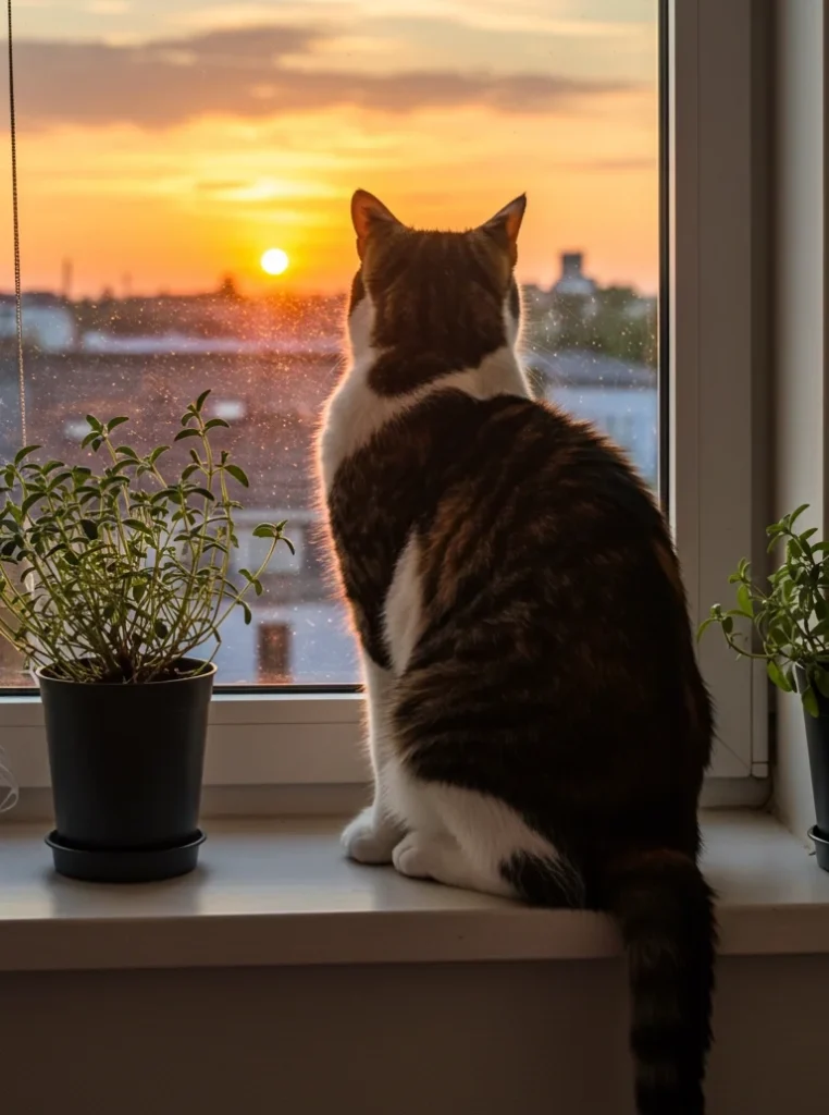 cat looking out the window at sunset