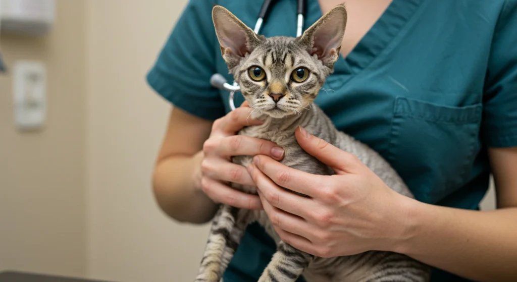 Small gray kitten being held by a vet