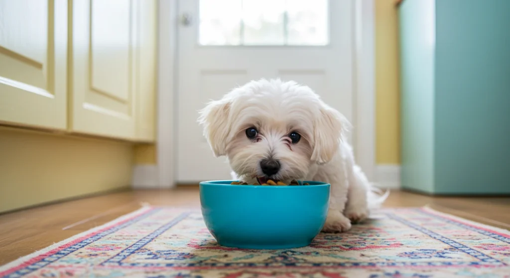 White dog eating from a blue bowl