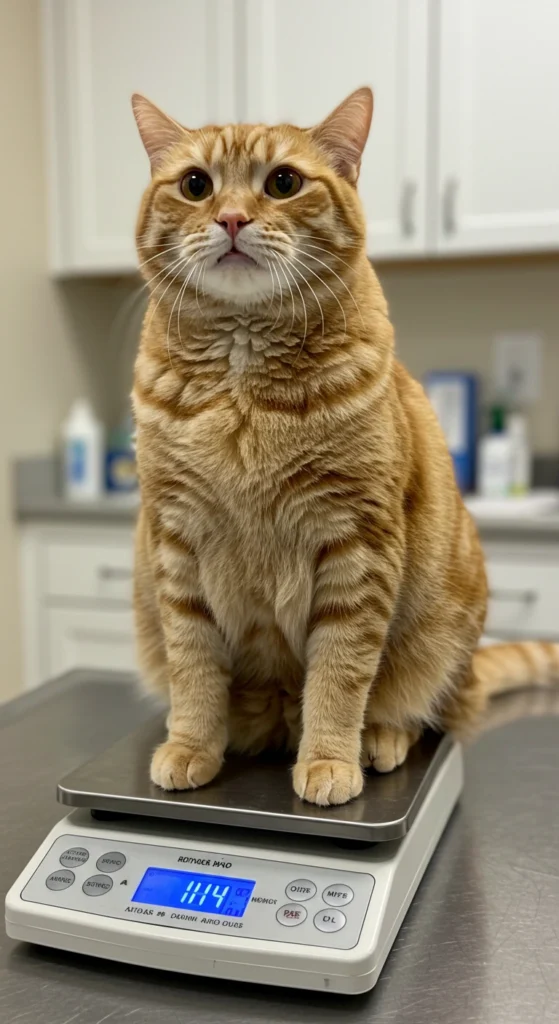 Tabby cat sitting on a stainless steel vet table