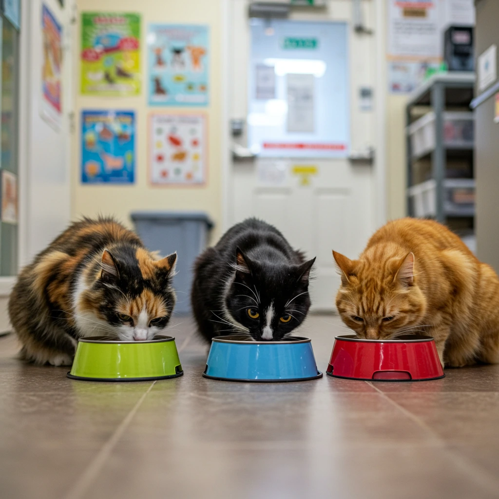 Three cats eating from colorful bowls in a clinic