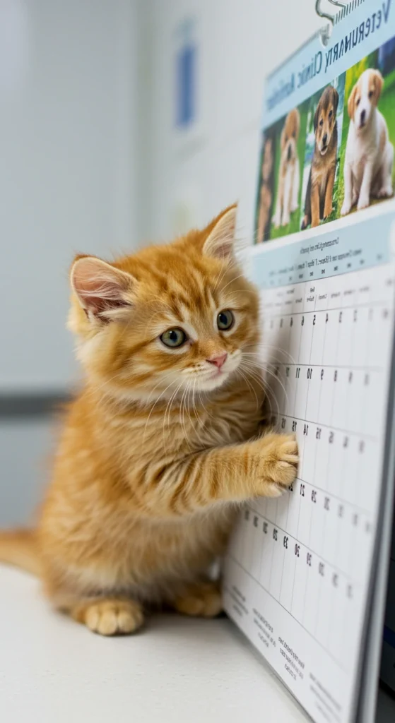 Orange kitten with paw on a calendar