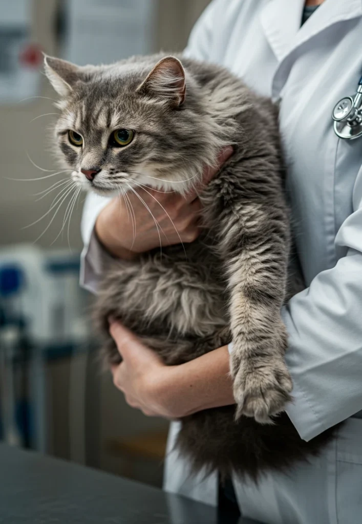 Tabby cat being held by a vet in a white coat