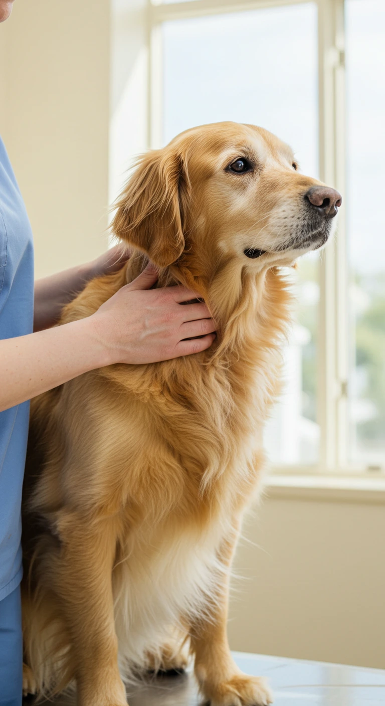 Golden retriever being petted during a vet visit