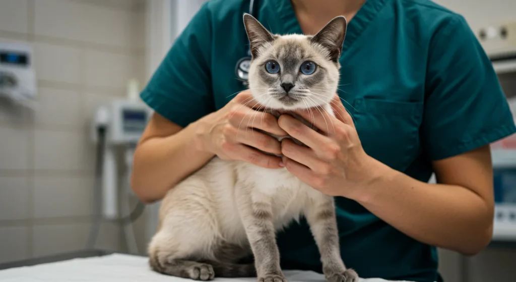 Gray cat being held by a vet in green scrubs