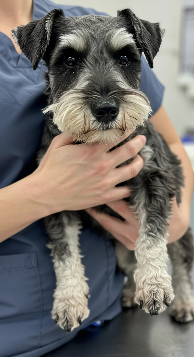 White dog being hugged by a person in a clinic