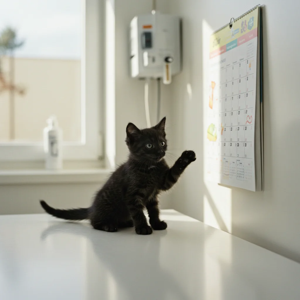 Black kitten sitting on a vet table