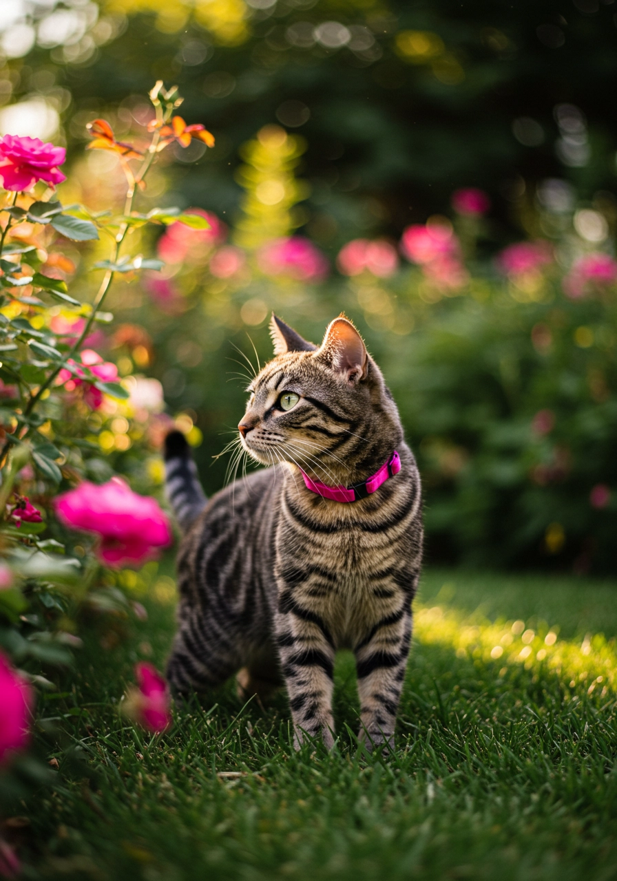 stripped cat in a garden