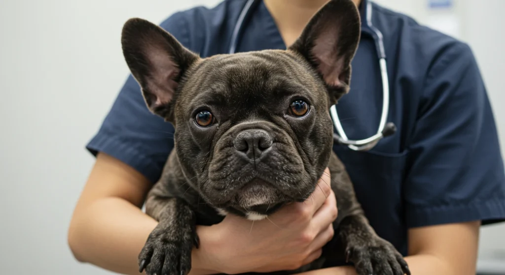 French bulldog being held by a veterinarian