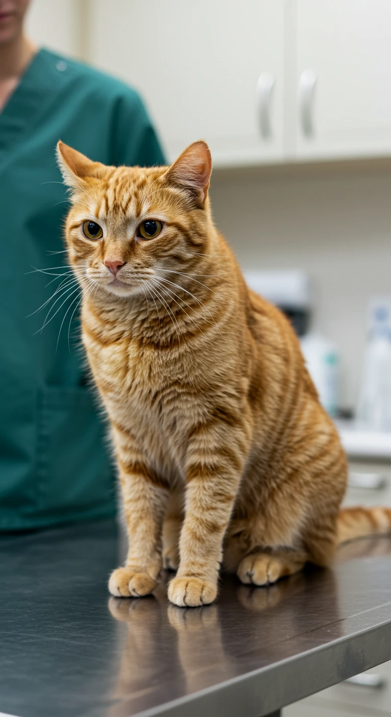 Orange tabby cat sitting on a vet exam table