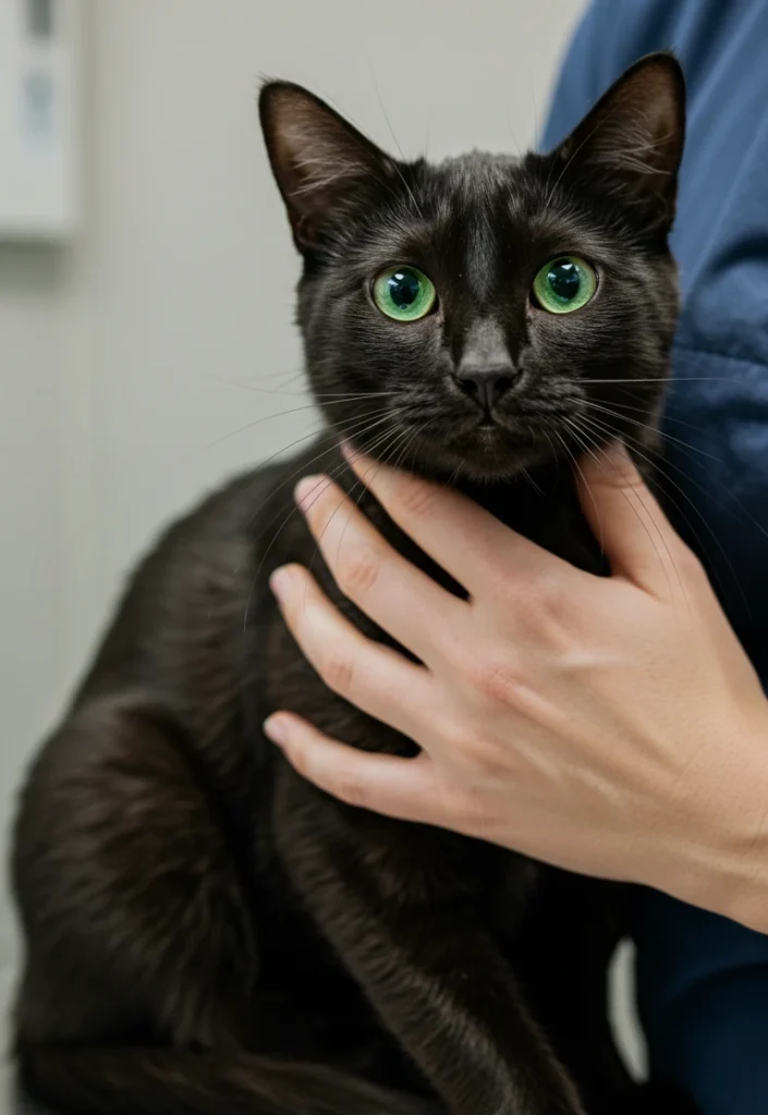 Black cat with green eyes being held by vet
